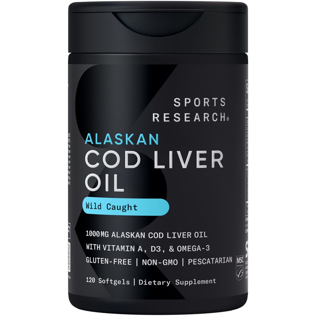 Sports Research ® Omega-3 Wild Alaskan Cod Liver Oil 1000mg with Vitamin A (1000 IU) & D3 (400 IU) - Burdelise, Wolny od bydła, Non-GMO, & MSC Certified Sustainable - 120 Softgels