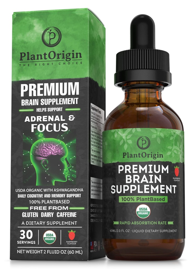 PLANTORIGIN- USDA Organic Liquid Brain Supplement - Nootropowe krople do skupienia, Pamięci i Jasności Mentalnej - Vegan, Non-GMO, Coffeine- Free, Ashwagandha, Ginseng, Ginkgo, Rhodiola - Made in USA