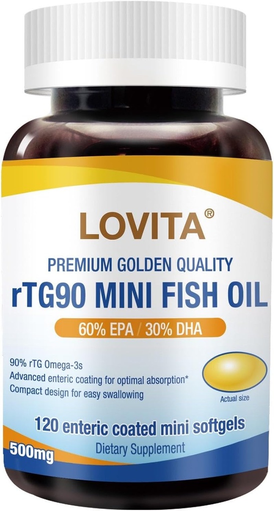 Lovita rTG 90 Mini Fish Oil, 2000mg Codzienne 124; Wysoka Absorpcja rTG Form, 90% Omega-3 Omega 124; Bezwładniająca, Łatwa do Połknięcia 124; Wsparcie Zdrowe Serce, Mózg i Oczy 124; 120 Enteric- Coated Softgels