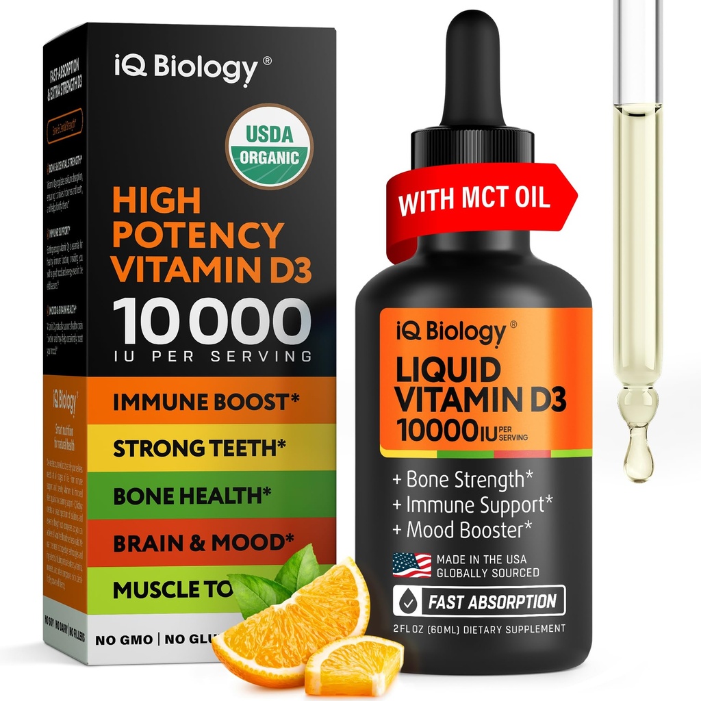 Liquid Vitamin D3 10000 IU (250 mcg) - USDA Organic Vitamin D Drops for Adults & Kids - 100-Day Supply - Vit D3 with MCT Oil for Better Absortion - Bone & Immunity Support, Dental Health*, Made in USA