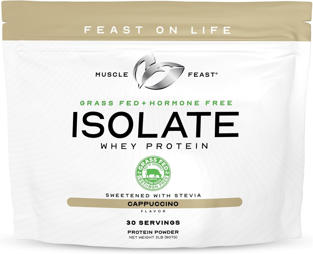 Mięśnie Uczta Grass- Fed izolat białka serwatki, Wszystkie naturalne hormon wolne pastura wzrosła, serwatka izolacja proszku białkowego dla mężczyzn i kobiet, Czysty, Bez gluten-, Pyszne Izolacja białka - Cappuccino, 2lb