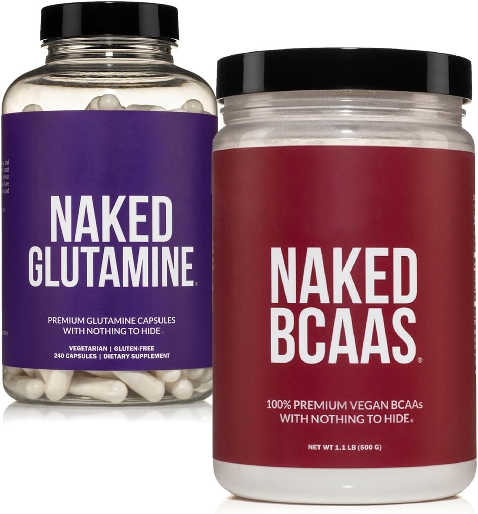 NAKED Unflavored BCAA 100 Sewings + Pure L- Glutamine 240 Kapsułki Bundle: Non-GMO, Gluten Free, Odzysk mięśni, nic sztuczny