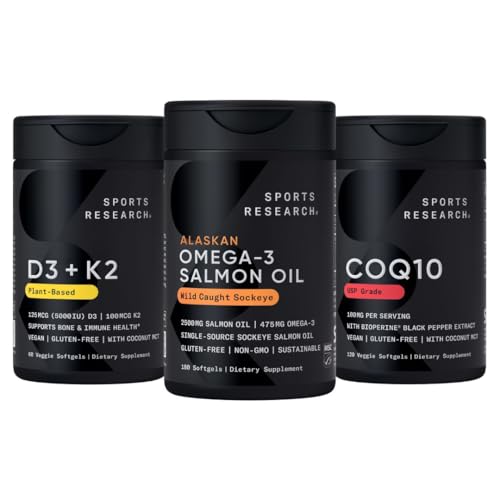 Sports Research® Supplements Pack - Omega 3 Salmon Oil + Vegan Vitamin D 5000iu & Mk7 Vitamin K 100mcg + CoQ10 (100mg)
