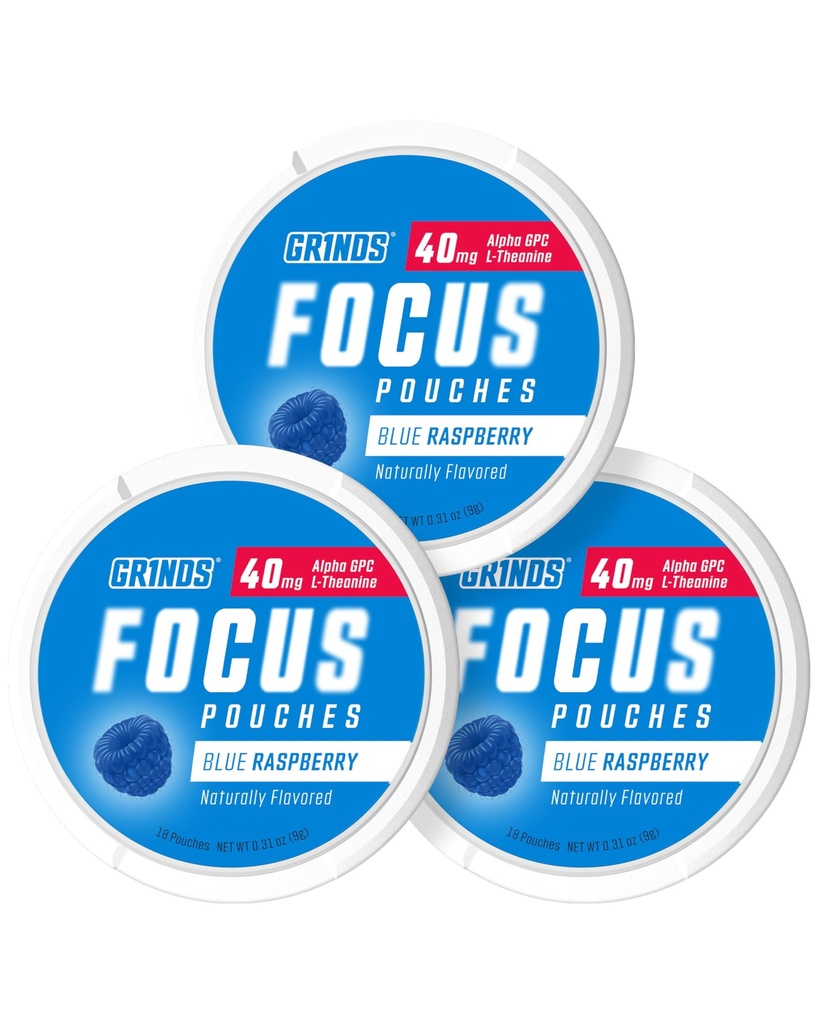 GRINDS Focus Pouches - naturalnie pachnące ze składników nootropowych - Zawiera Alpha GPC i L- Theanine, Sugar- Free 3 Pack, 18 Pouches per Can - Blue Malina