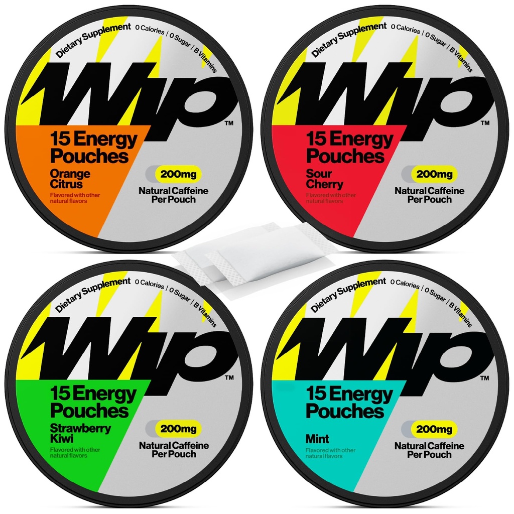Pouches Wip Energy 124; 200mg Natural Caepine 124; Vitamin and Minerals 124; 4 Pack Assorted: Sour Cherry, Mint, Orange Citrus, Strawberry Kiwi