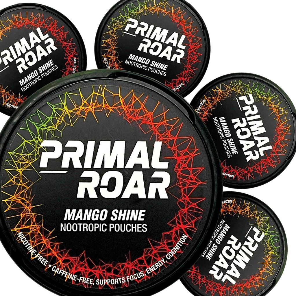 Primal Roar Mango Shine - Stymulant- Free Deep Focus Nootropics Pouches 124; Lion 's Mane + Cognizin Citicoline + Huperzine A British 124; Nikotyna i Caffeine-Free 124; 20 Pouches Per Can (100 Razem w 5- Pack)