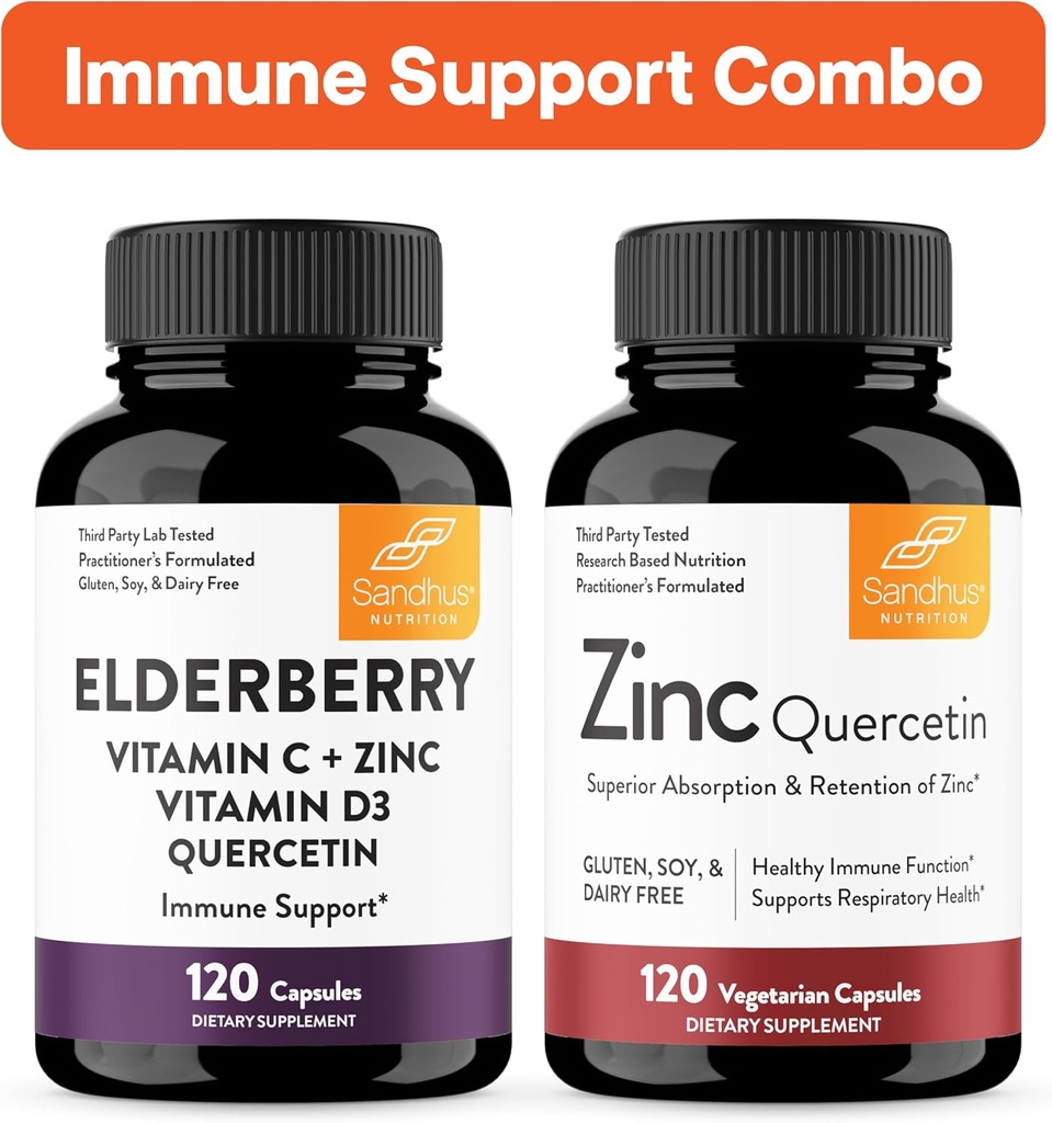 Sandhu 's Immune Support Combo Budapest 124; Elderberry & Zinc Quercetin Capsules Bundle Next 124; Wsparcie immunologicznego zdrowia