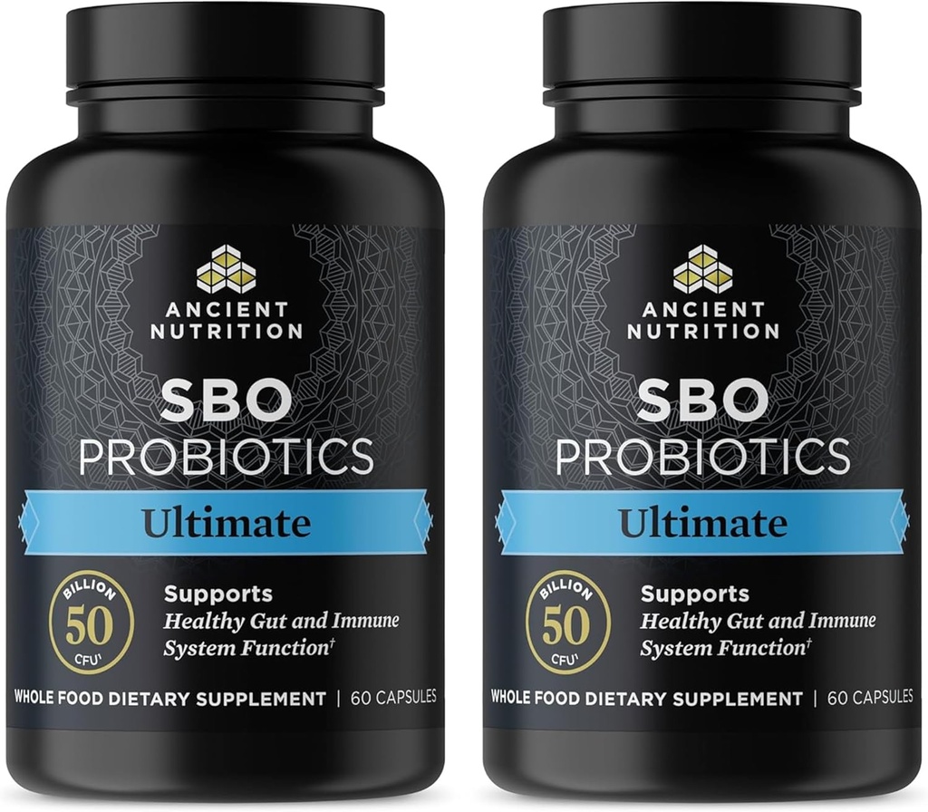 Ancient Nutrition Probiotics, SBO Probiotics Ultimate 50 Billion CFU * / Serving, Digestive and Immune Support, Gluten Free, Ancient Superfoods Blend, Shrink- wrapped 60 kapsułki (2 opakowania)