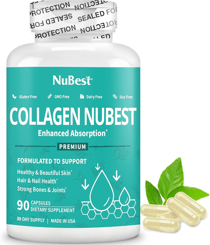 NuBest Kolagen Super Kolagen Peptydy - Revitalizes Skóra, Włosy i paznokcie - Kość i siła stawów - Wzór Kolagena Piękno dla mężczyzn i kobiet - 1500 mg Na Podawanie 124; 90 Kapsułki