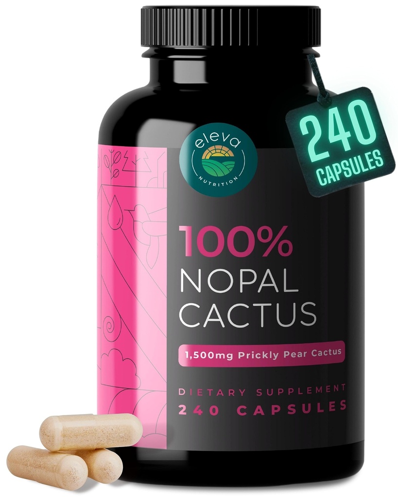 Nopal Cactus Capsules 1500mg- Organic Sun-Dried Prickly Pear Cactus Powder & Black Pepper Extract for Absorption- Natural Prickly Pear Super Supplement- Fiber, Vitamins and Minerals 240 Capsules