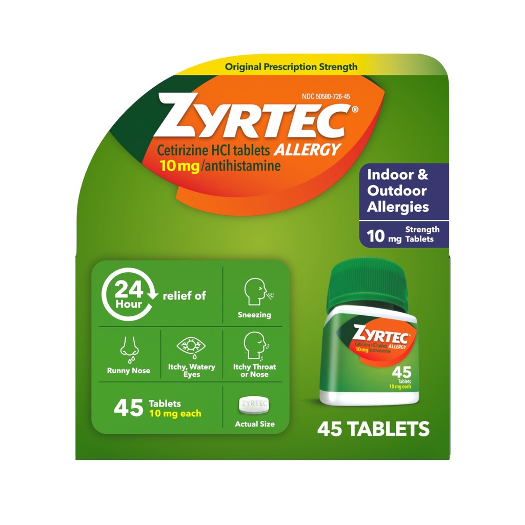 Zyrtec 24 Hour Allergy Relief Tablets, Indoor & Outdoor Anti Allergy Medicine with 10 mg Cetirizine HCl per Antihistamine Tablet, Relief from Runny Nose, Sneezing, Itchy Eyes & More, 45 ct