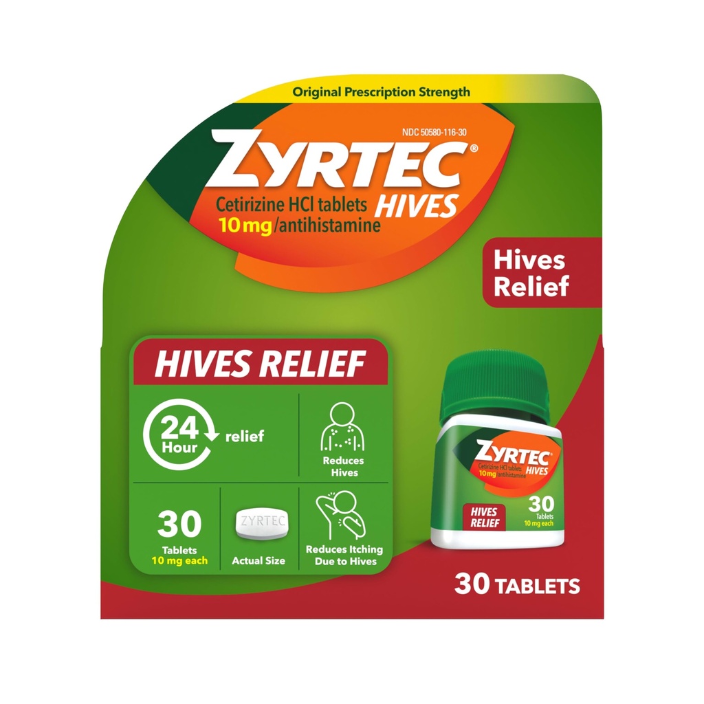Zyrtec 24 godziny na dobę Tabletki ulgowe, 10 mg Cetirizine HCl Tabletki, które pomogą zmniejszyć Hives & zmniejszyć swędzenie Dzięki Hives, Tabletki przeciwhistaminowe dla Itch Ulgi i Leczenie pokrzywki, 30