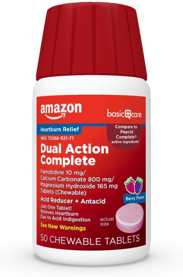 Leczenie podstawowe Dual Action Complete, Reduktor kwasowy do żucia Plus Antacid Tablets, Berry Flavor, Heartburn Medicine, Acid Infersition Relief, 50 Count