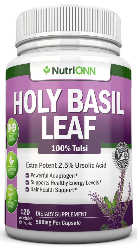 Holy Basil Leaf kapsułki - 500mg - 2,5% Kwas mocznikowy - 120 Kapsułki wegetariańskie - Real Tulsi Extract Supplement - Pozytywny Mindset - Adaptogenetic & Ayurvedic Herb