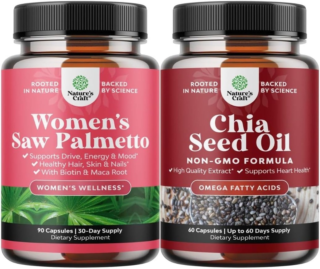 Paleta Extra Siła Piła Palmetto dla kobiet i Chia Seed Oil Extract Kapsułki - Silniejsze grubsze Witaminy szybszego wzrostu włosów - Roślina Omega 3 6 9 Suplement i Codzienne Kapsułki włókniste