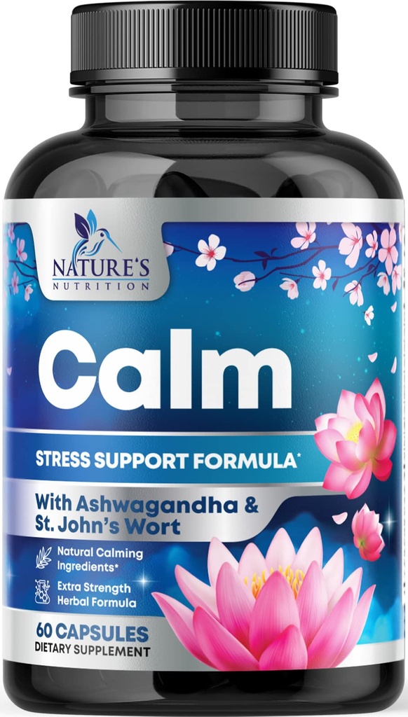 Natural Calm, Unwind & Relax Support - Ashwagandha, GABA, Magnez, L- Theanine & More - Natural Focus, Energy & Immune Support - Nature 's Non-GMO, Wegan, Gluten Free, Butelkowane w USA - 120 Kapsułki