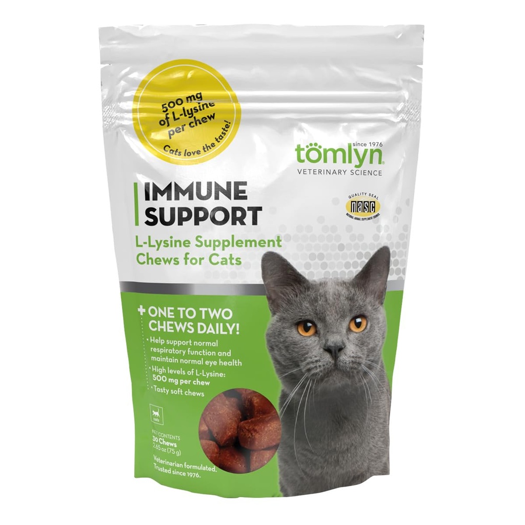 Tomlyn Immune Support Daily L- Lysine Supplement, Fish- Flavored Lysine Chews for Cats and Kittens, 30ct