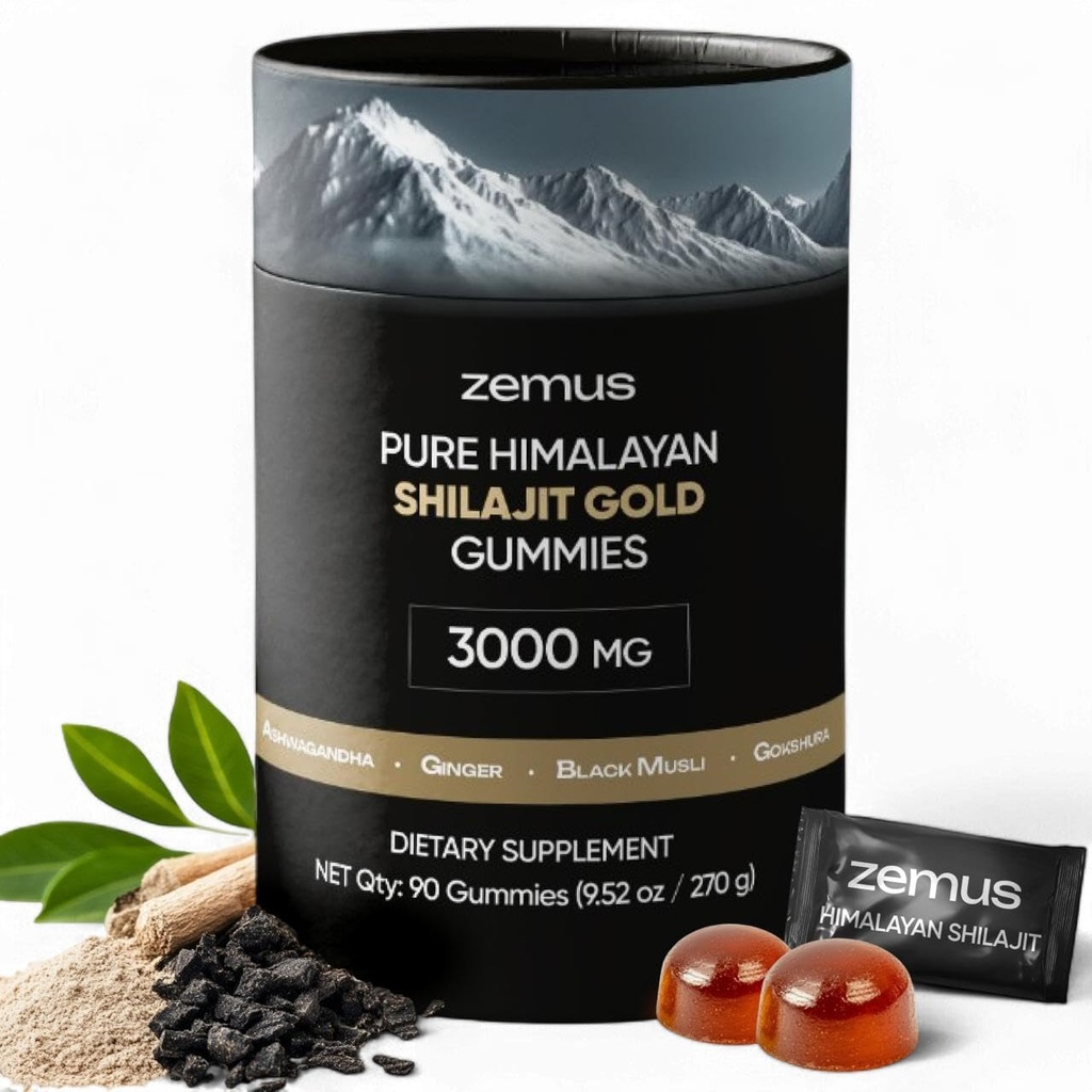 Zemus Himalayan Pure Shilajit Gummies I Lab Tested I Synergistic Blend of Ashwagandha & 5 Mushroom Complex | Fulvic Acid & 85+, Trace Minerals | for Men & Women (90 Count / 9.52 oz, Gold)