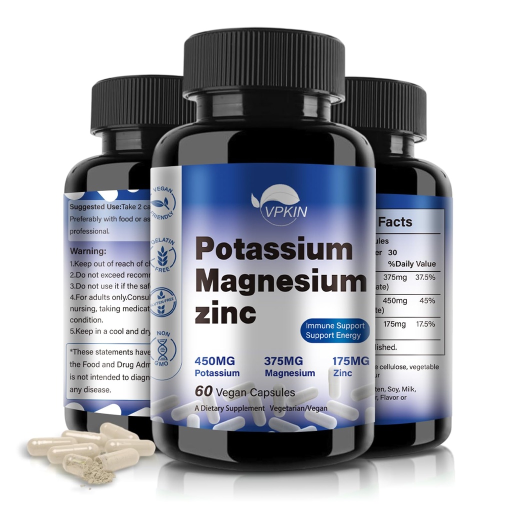 Potasu Magnezu Suplement 1000mg, Magnezu Potasu Cynk do Kramp Nogi, Wysokiej Absorpcji Magnezu Kompleks, Wegan (60 Kapsułki)