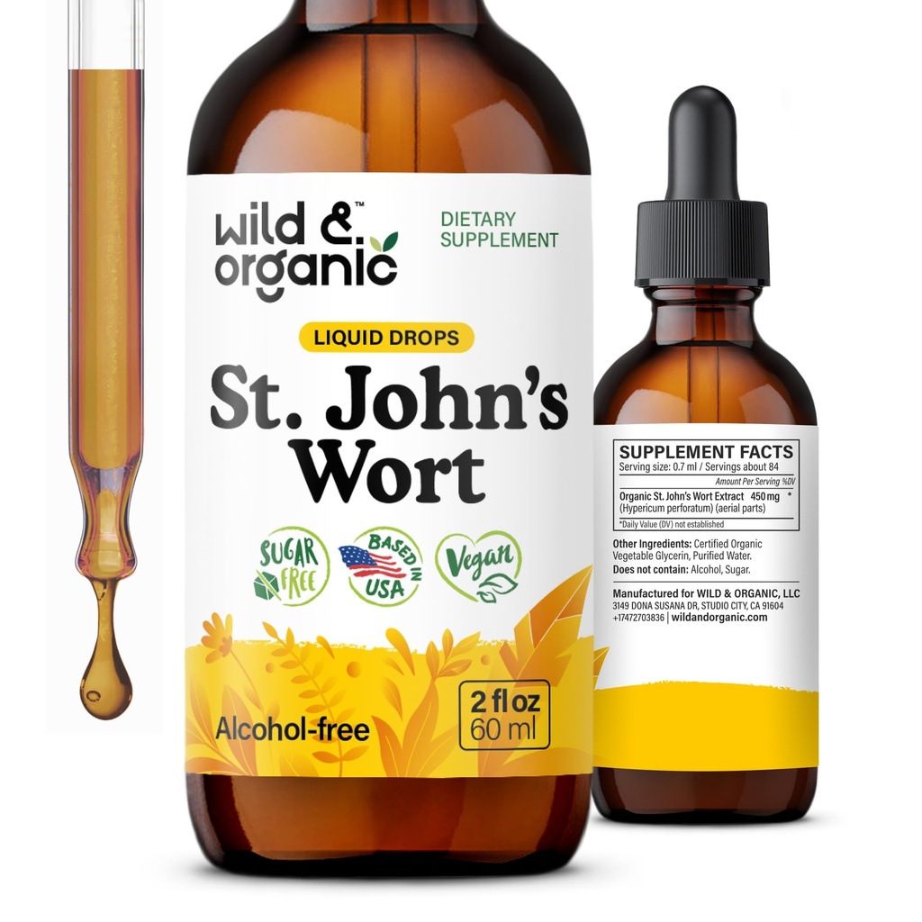 Wild & Organic St Johns Wort Tincture - Mood Support - Relaxing St John 's Wort Supplement - Liquid Hypericum Perforatum Herb Drops - Vegan, Sugar & Alcohol- Free - 2 fl oz