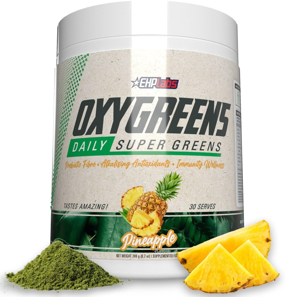 EHP Labs OxyGreens Super Zielone Proszek - Spirulina & Chlorella Superfood, Zielony Sok Proszek & Zielony Suplementy z włókna prebiotycznego, Przeciwutleniacze i wsparcie odporności, 30 Serwy (Ananas)