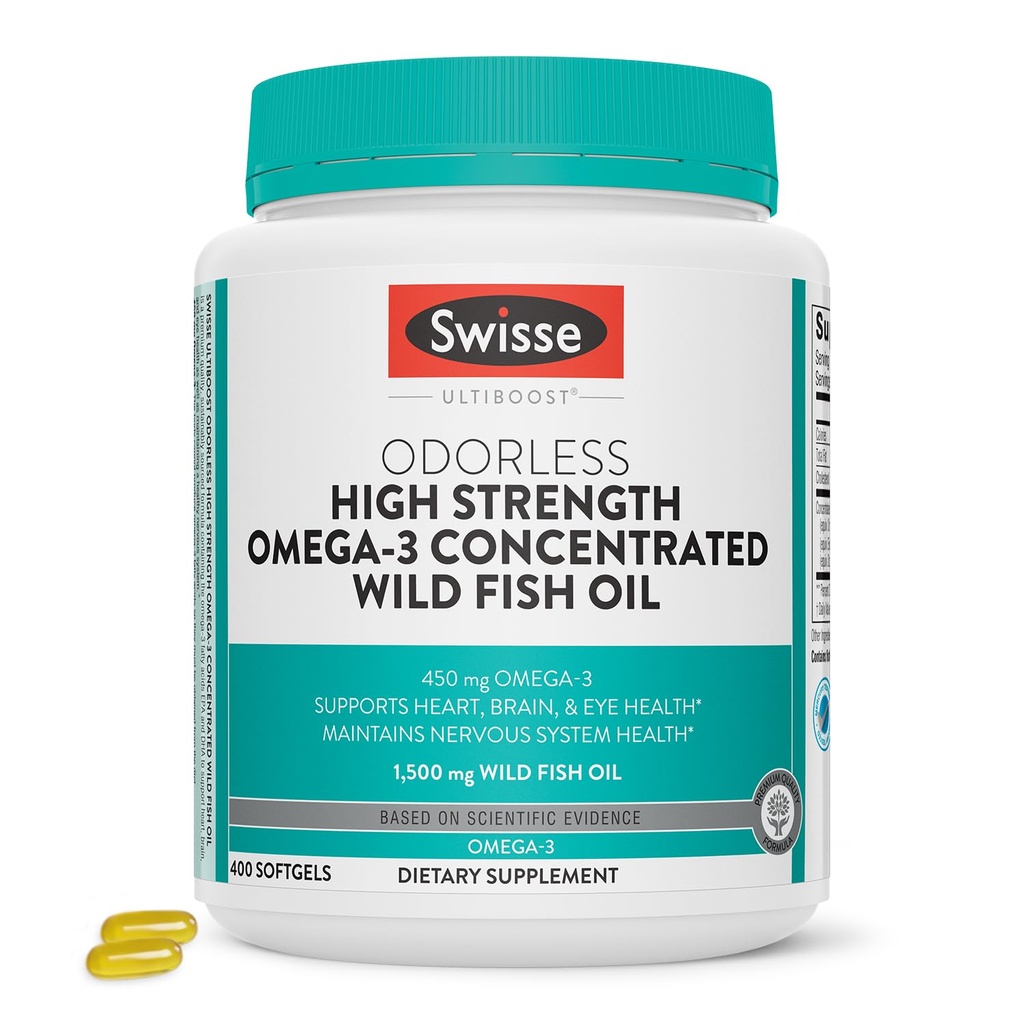 Swisse Wild Fish Oil Omega 3 Suplementy dla Kobiet i Mężczyzn 124; EPA DHA Fish Oil Supplements XI124; Osadorless - Pomaga w obsłudze mózgu, oczu i zdrowia serca 124; Wysoka moc 1500 mg XI124; 400 Softgel Pills