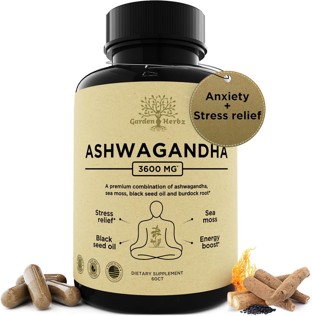 Organic Ashwagandha Root & Irish Sea Moss - 3600 mg suplement Ashwagandha z Black Seed Oil, & Burdock Root - Herbal Supplement for Energy, Stress Relief, Extra Siła, 60 Czapki