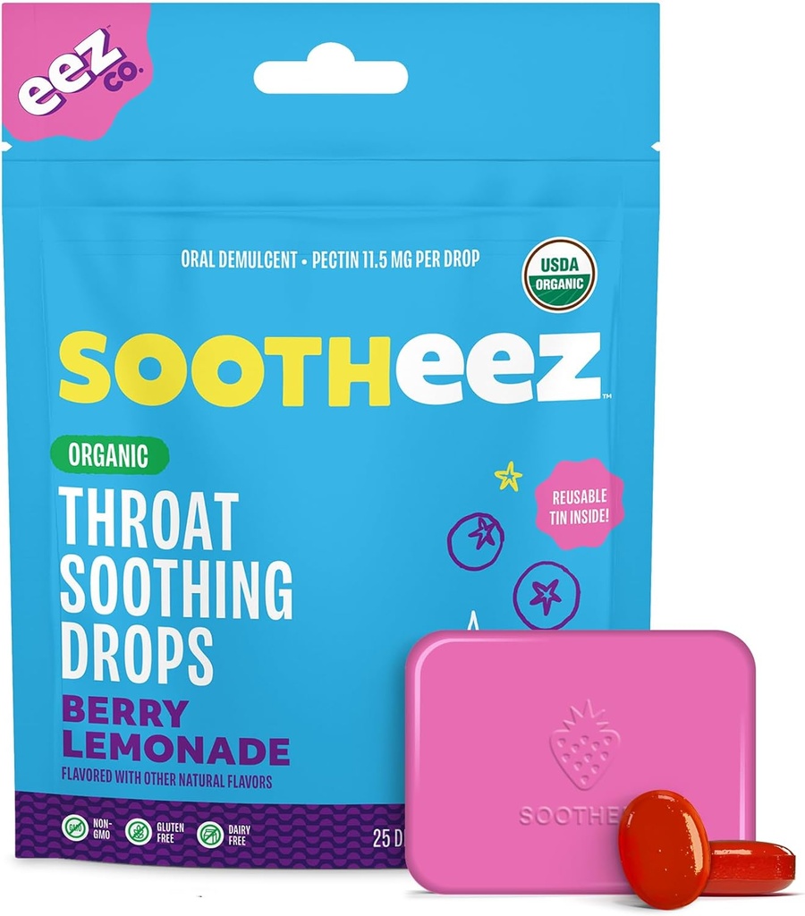 Sootheez Organic Throat Kojące krople dla dorosłych, Berry Lemonade, 25 Hrabia, Refillable, Wielki Tasting Drops, które Sooth Sore Gardło