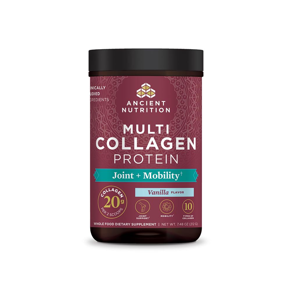 Ancient Nutrition Collagen Powder Protein, Multi Collagen Protein Powder Joint + Mobilność, 20 Serving, Joint Supplement z Zhydrolizowanymi Kolagenowymi Peptydami do treningu post, 7.48oz