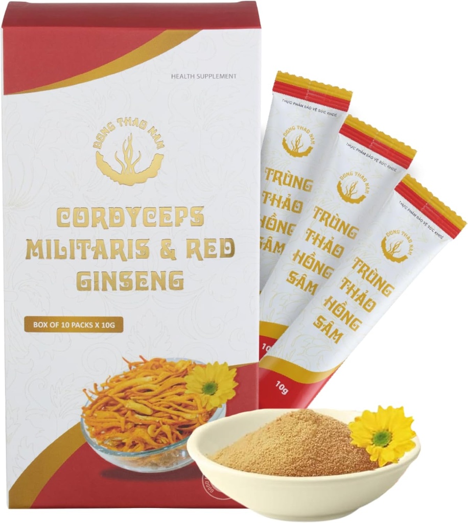 Dong Thao NAM - Organiczny czerwony Ginseng i Cordyceps proszku, 6 w 1 Wyciąg ziołowy, Zwiększa alertywność, Zwiększa energię i zmniejsza zmęczenie, Kofeina wolna, Opakowanie 10