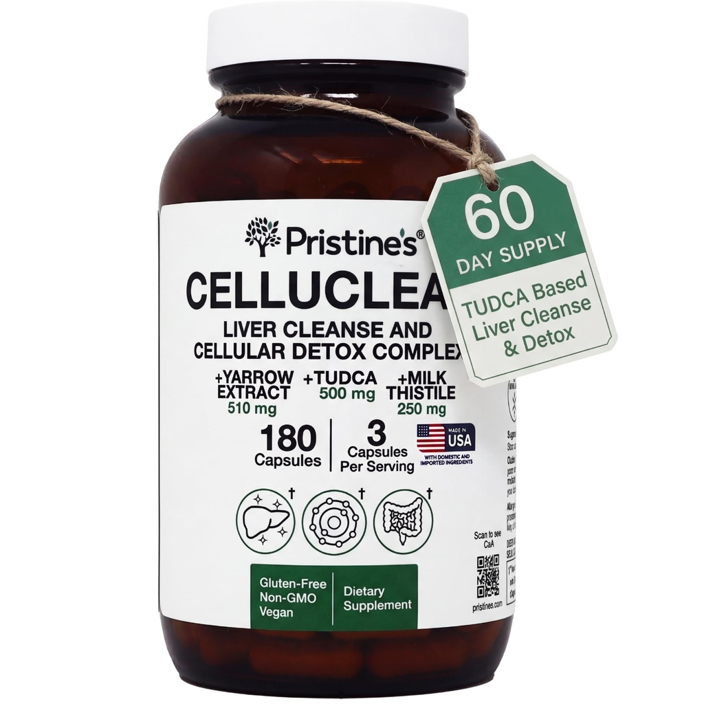 PRISTINE 's CelluClean Liver Cleanse and Detox Supplement - TUDCA, Yarrow Extract & Milk Tistle - 3. strona Tested, Non-GMO Bile Salts Remover - Wegan, GMP Facility, Made in USA Butelka szklana
