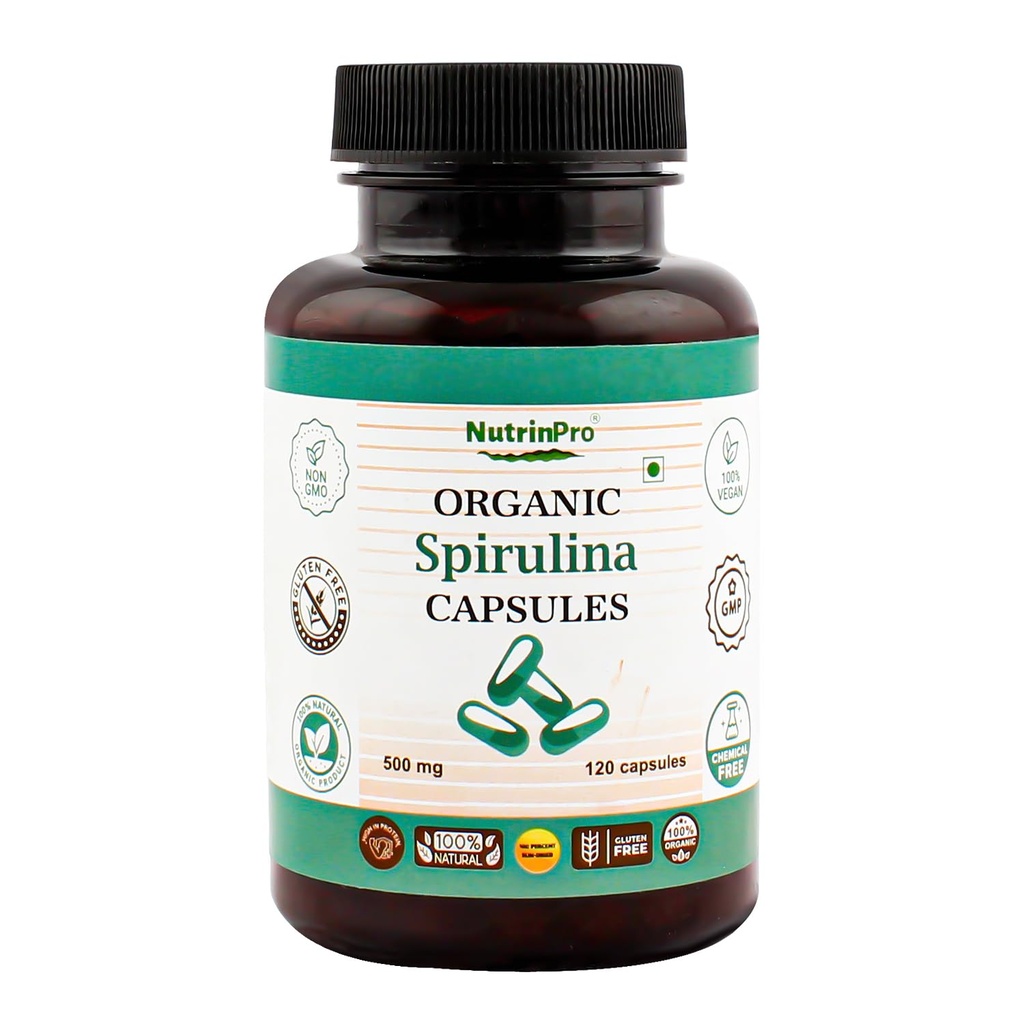USDA Organic Spirulina kapsułki - 100% Pure Vegan Supplement, Non-GMO, Gluten- Free, Chemical- Free, (120)