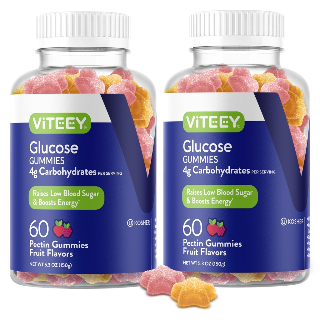Viteey Glucose Gummies - 4g węglowodanów - szybko działająca alternatywa dla tabletek Glucose - Energia i Sugar Support - Wegan, Gluten Free, Żelatyna Free - 120 Count