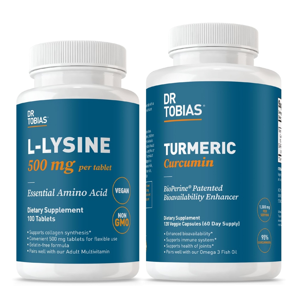 Dr. Tobias L‑Lysine 500 mg Tablets + Turmeric Curcumin 1500 mg with BioPerine (120 Vegan Capsules) – Essential Amino Acid Support Plus Extra Strength Joint, Immune & Vitality Formula