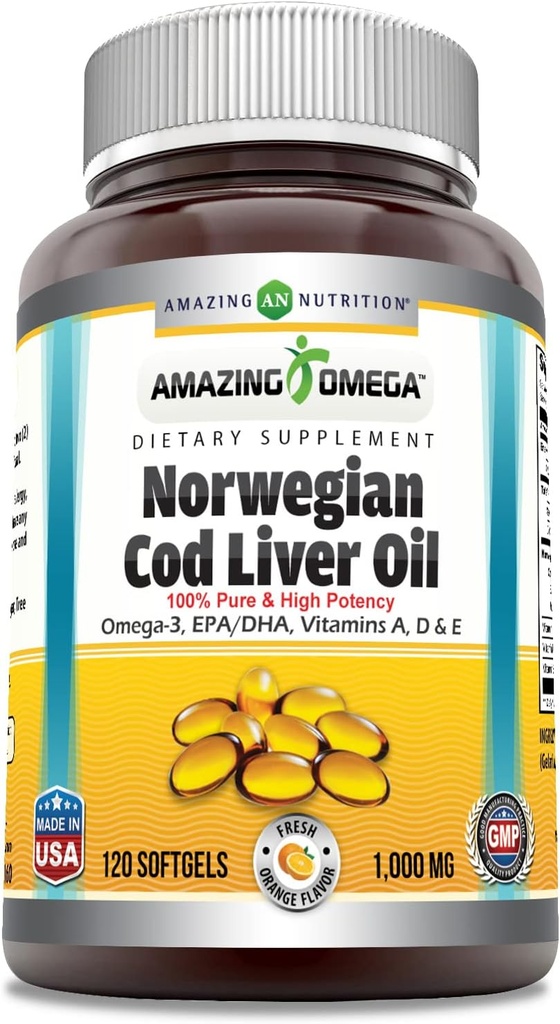 Amazing Omega Norwegian Cod Liver Oil (Omega-3, EPA / DHA) Supplement EVE 124; 1000 Mg Per Serving EVE 124; 120 Softgels EVE 124; Orange Flavor EVE 124; Non-GMO EVE 124; Gluten- Free EVE 124; Made in USA