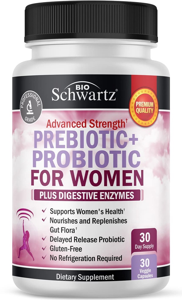 Prebiotics and Probiotics for Women - for Gut, Vaginal and Immune Health Support with Black Cohosh and Red Clover - Whole Food Digestive Enzymes Capsules, Lactobacillus Probiotic Supplement, 30 Count