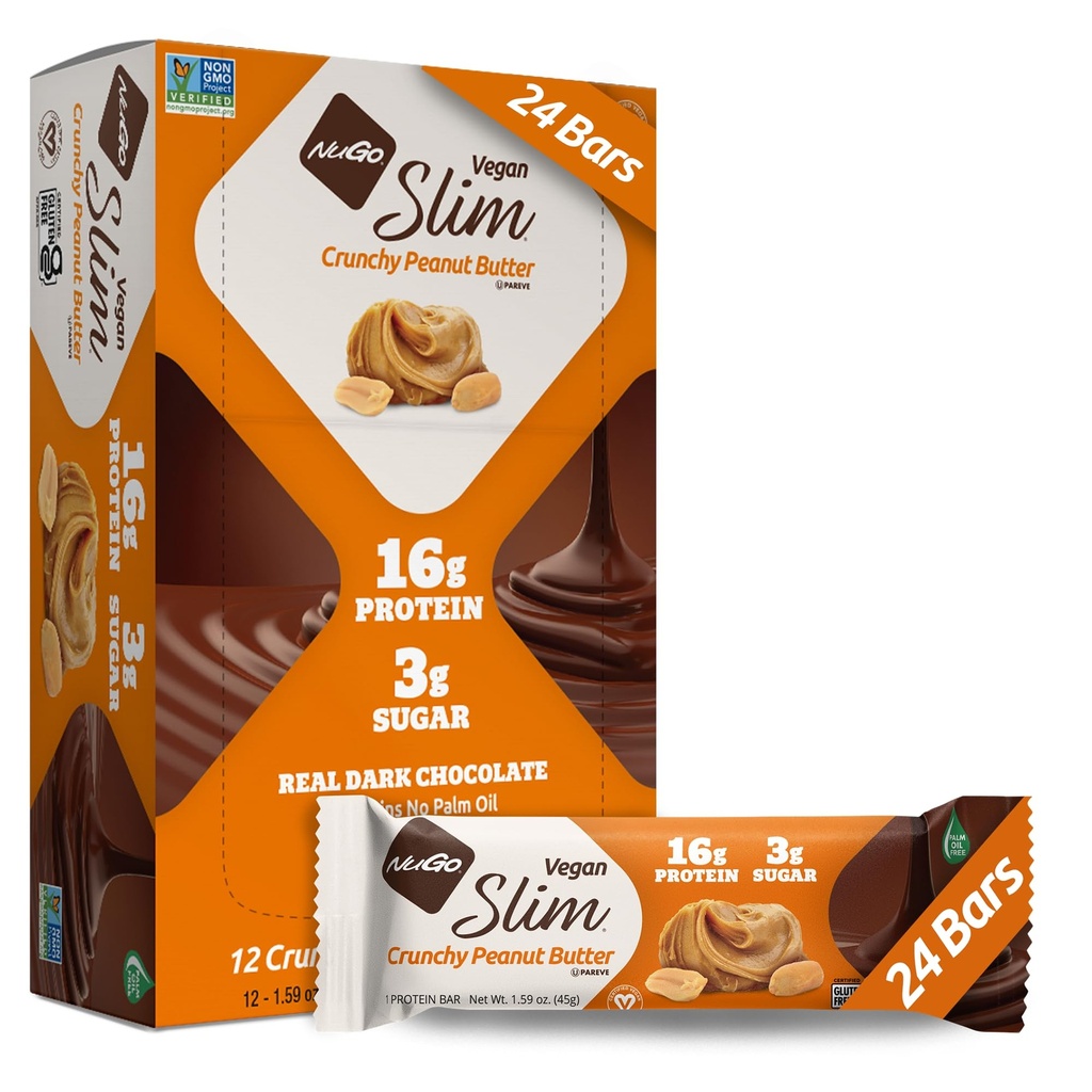 Nugo Slim Dark Chocolate Crunchy Peanut Masło, 16g Wegan Protein, 3g Cukier, 7g Fiber, Węglik niskowęglowy, Keto Friendly, Gluten Free, 24 Count