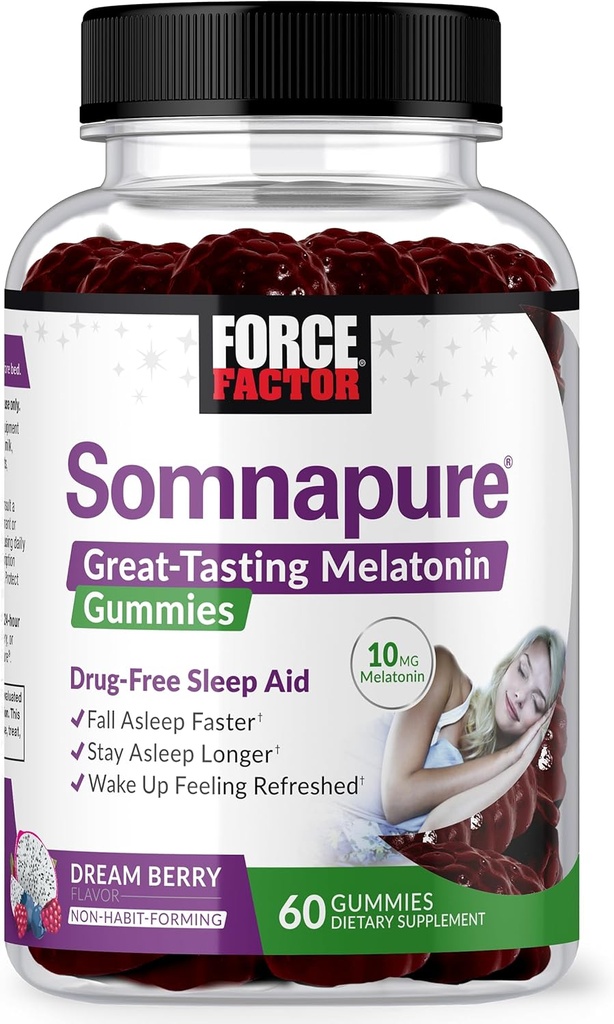 FAKTOR FORCE Somnapure Gummies z Melatonin 10 mg dla dorosłych, Non-Habit- Forming, Natural Sen Pomoc dla głębokiego snu, Spać dłużej, Budzić się ponownie, Smak Berry Dream, 60 Hrabia (Pack of 1)
