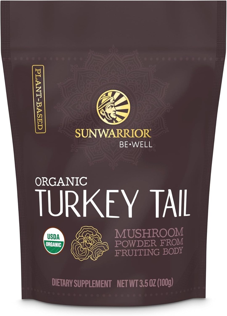 Sunwarrior Organic Turkey Tail Mushroom Proszek 124; Turcja Mushroom Immune Support 124; Mikrobiome Gut Health Support 124; 50 Służenie 100g Pouch