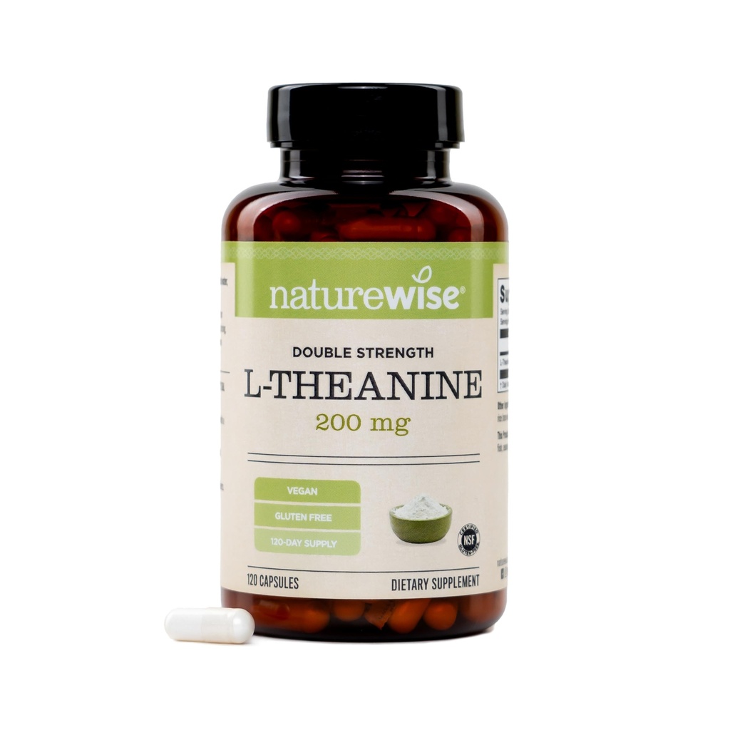NatureWise Double Strength L- Theanine 200mg - Vegan L Theanine Supplement for Relaxation + Sleep Support - NSF Certified L- Theanine - Non-GMO, USA Productured - 120 kapsułki [120 Day Supply]