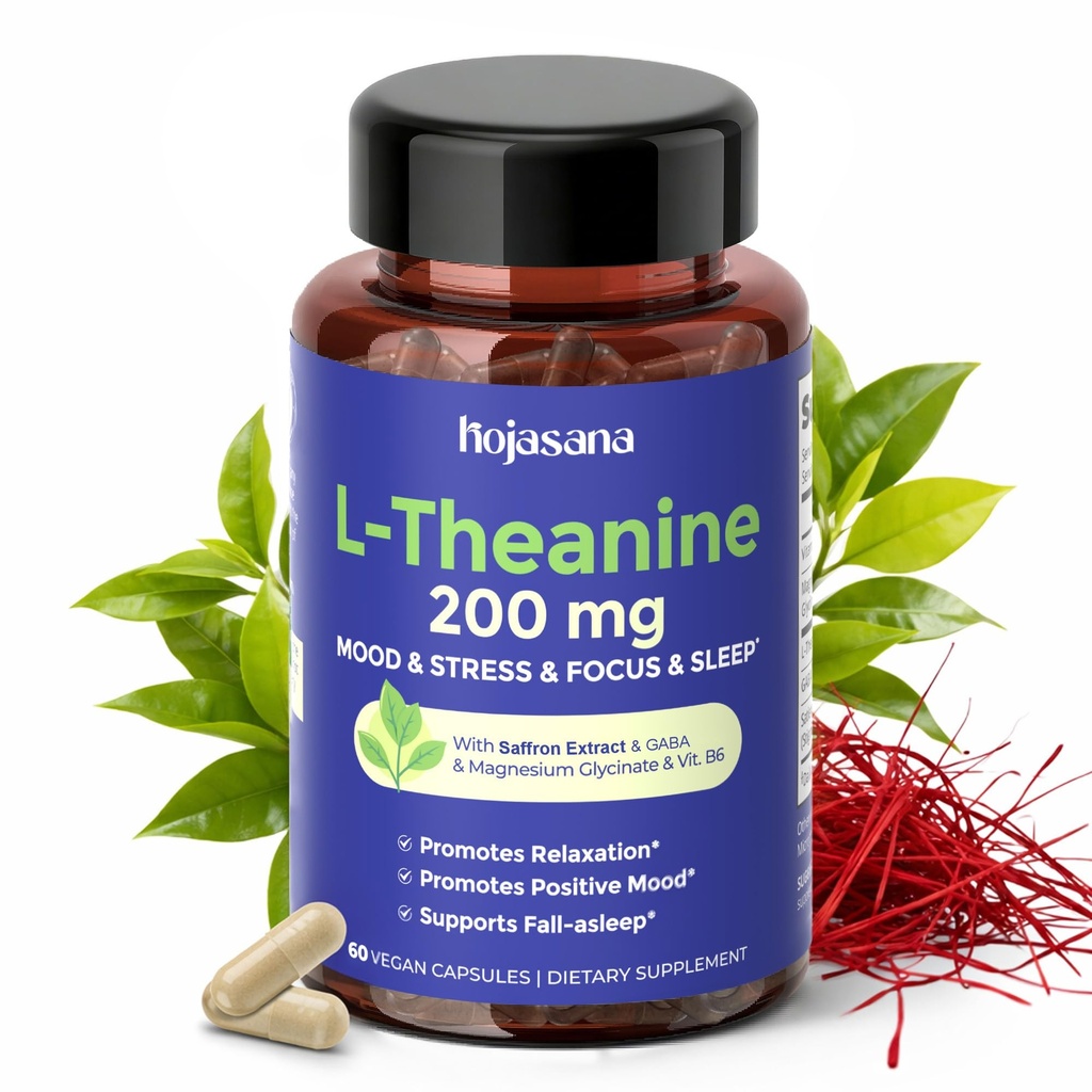 L Theanine 200mg z Saffronem, GABA, Glycinate Magnezu i witaminą B6, L-Theanine Supplement Advanced Complex Formula for Mood Relaxation & Stress Relief & Sleep Support, 60 Kapsułki wegańskie
