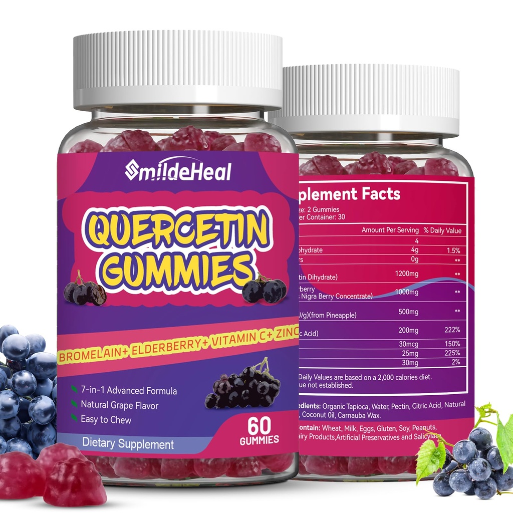 2 Pack Quercetin Gummies 1200MG, Quercetin Gummies z bromelainem, Cynk Witamina C, System immunologiczny Wegan Gummy dla dorosłych i dzieci, 120 Wegan