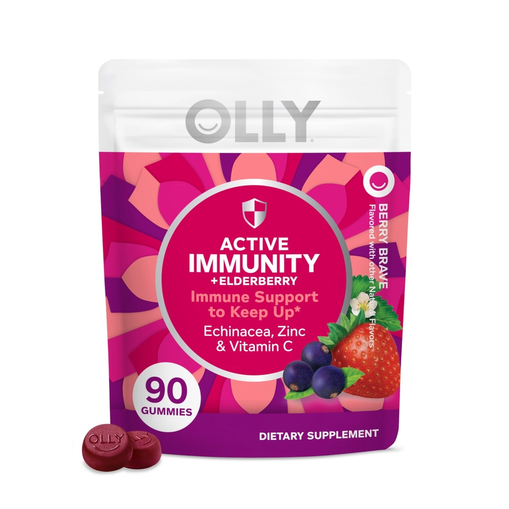 OLLY Odporność Gummy, Wsparcie immunologiczne, Elderberry, Cynk, Witamina C, Suplement, Berry - 90 Count