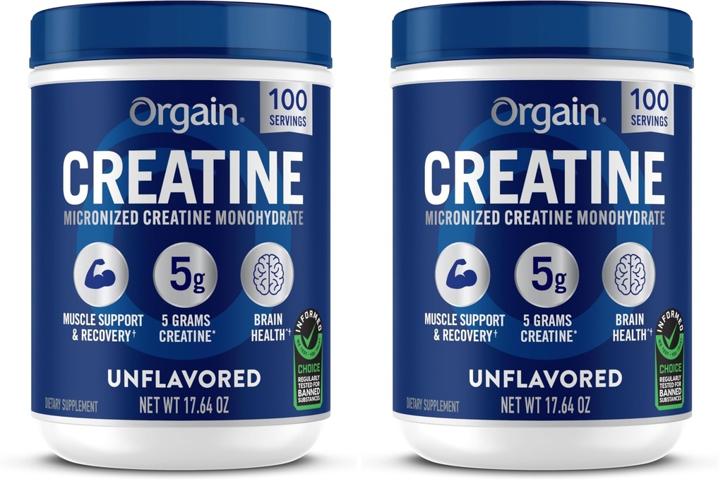 Orgain Monohydrat kreatryny Proszek mikronizowany, 100 Służenia, Nieflawored, Wspiera wzrost mięśni, Post Workout Recovery and Brain Health, Brak sztucznych dodatków, dla mężczyzn i kobiet, Wegan, (Opakowanie 2)
