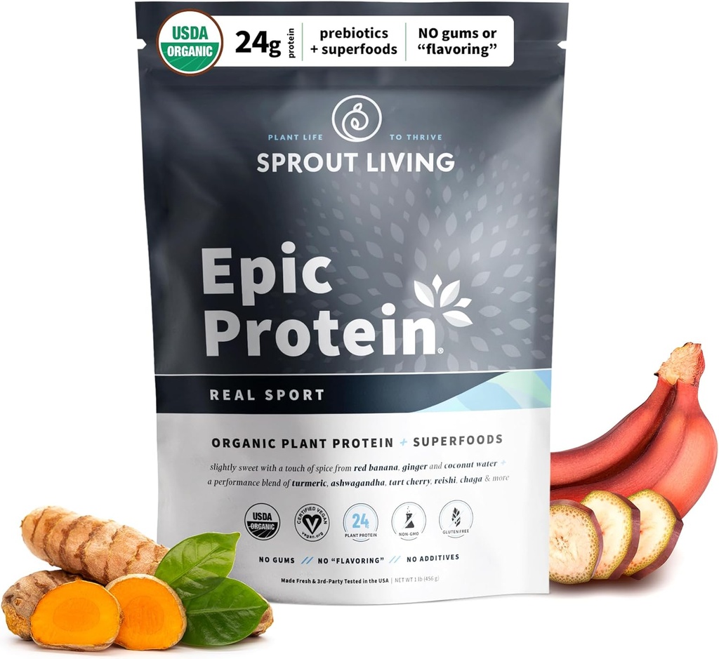 Sprout Living, Epic Protein, Białko roślin i Superfoods Proszek, Real Sport 124; 24 Grams Organic Protein Powder, Recovery, Wegan, Non Dairy, Non-GMO, Gluten Free, niski cukier (1 funt, 12 Servings)