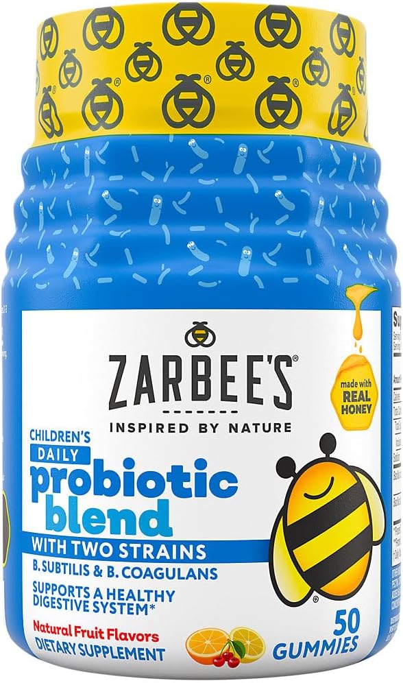 Gumki Probiotyczne dla dzieci Zarbee 's Daily Probiotic Blend z 2 cieśninami do wspomagania trawienia; Easy To Chew; Gluten- Free & Drug- Free; Wiek 2 +; Naturalne aromaty owocowe; 50 Count