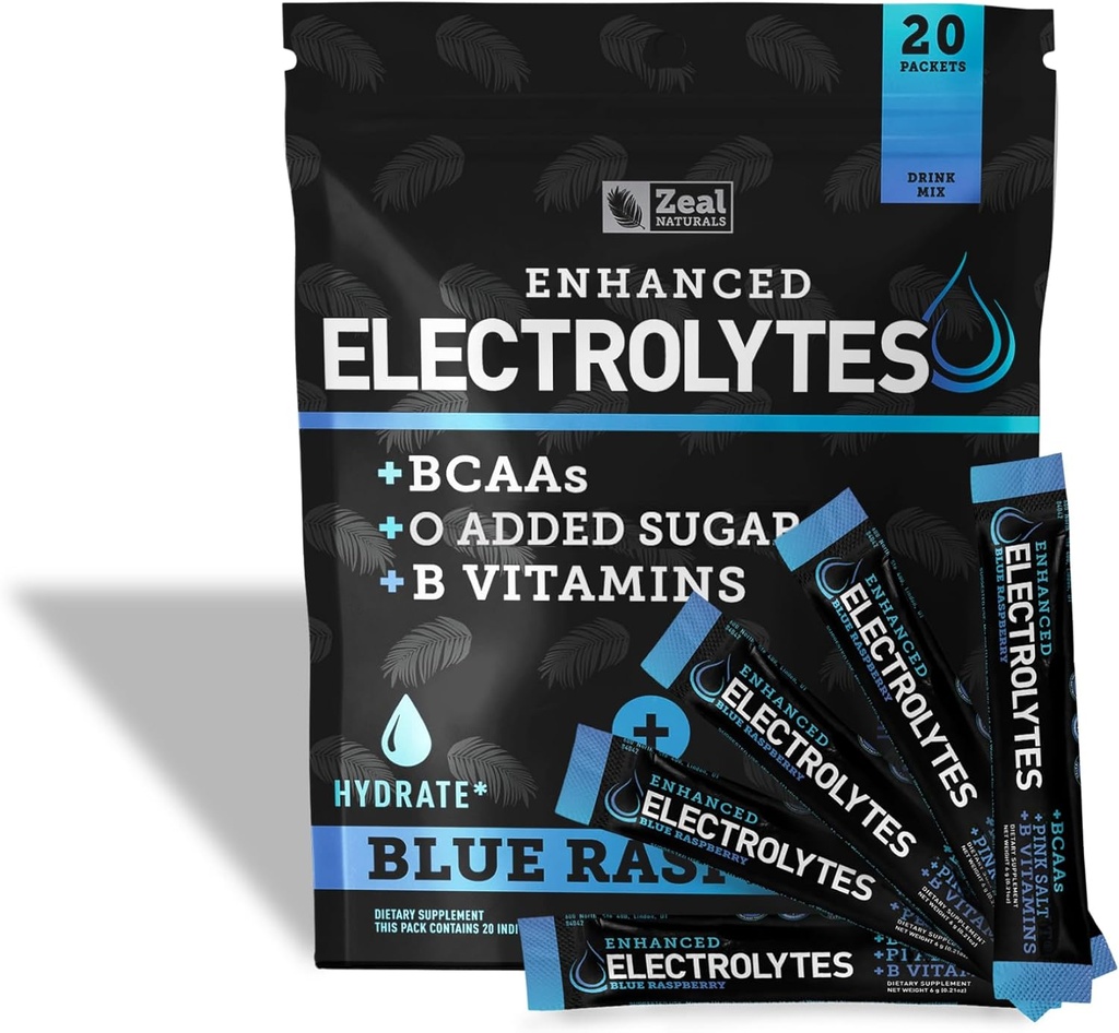 Ulepszone opakowania z proszkiem elektrolitycznym (niebieska malina 124; 20 opakowań) w / 0 Sugar + BCAAs + B- Vitaminy Suplement elektrolitu w cynku potasu i magnezu do hydrolizy - Keto Electrolytes