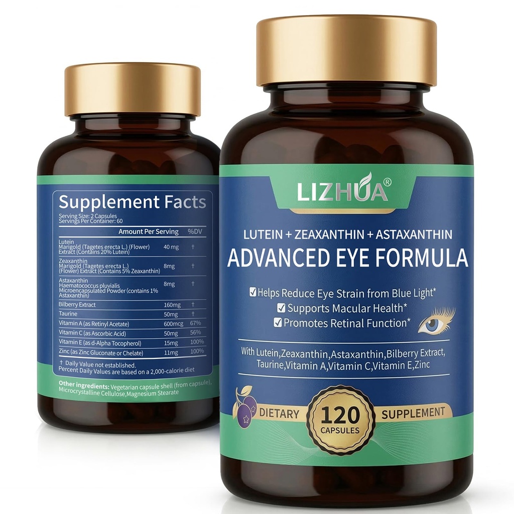 Luteina 40 mg & Zeaksantyna 8 mg Witaminy do oczu, z Astaksantyną, Bilberry, Tauryna, Witaminy A C E Cynk, Blue Light & Macular Support, 120 Kapsułki Veggie