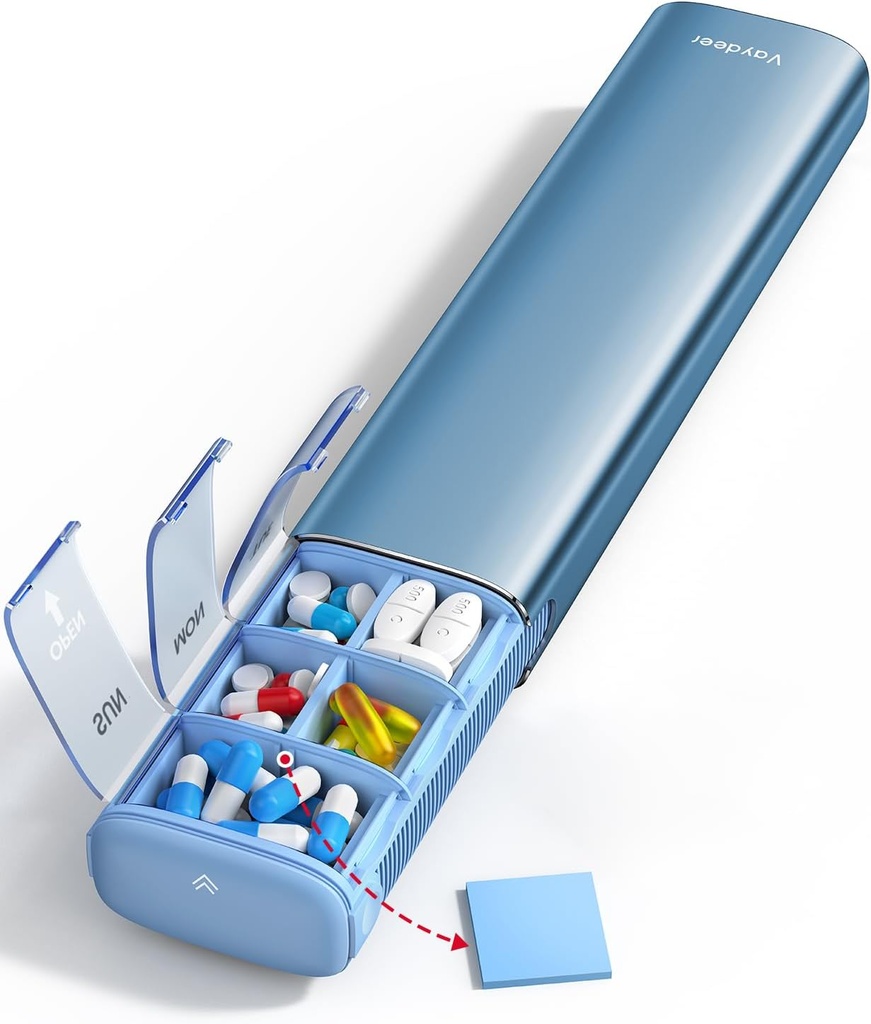 Vayjen 7 Day Cotygodniowy Pill Organizator (Wsparcie 2 razy dziennie), Metal Travel Pill Case, Duża pojemność codziennie Cute Pill Box na suplementy, Pigułki, Witaminy i Medykacja (Niebieski)