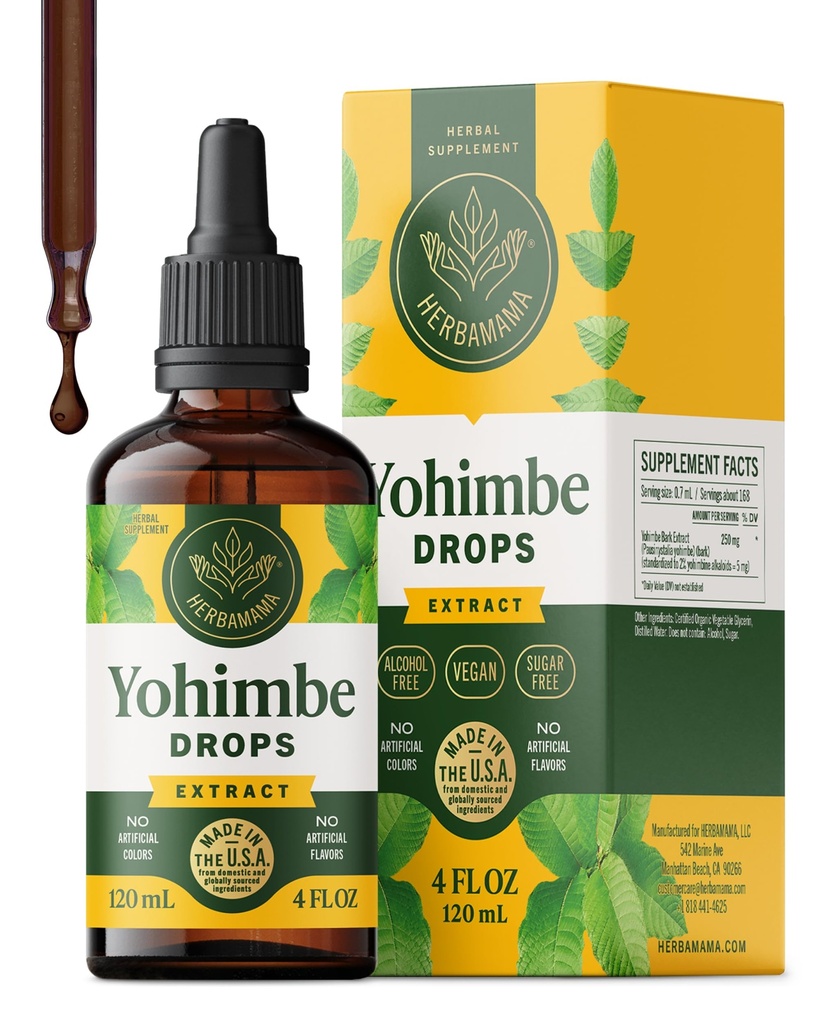HERBAMAMA Yohimbe Suplementy dla mężczyzn i kobiet - Wegańskie ogólne wsparcie z Yohimbe Bark Extract - Non-GMO, Alkohol & Cukier wolny Yhimbine nalewka, 84- Day Supply